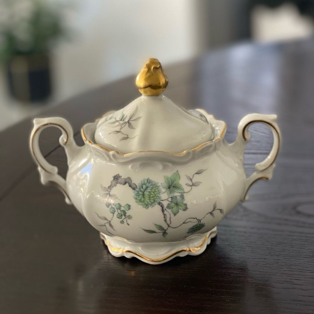 Mitterteich Bavaria Green Ming Gold Trim Sugar Bowl With Lid